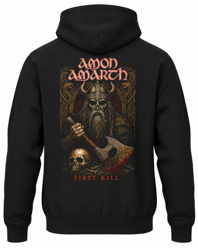 Czarna bluza z kapturem z napisem Amon Amarth First Kill, wikingiem w hełmie, toporem i czaszką na plecach