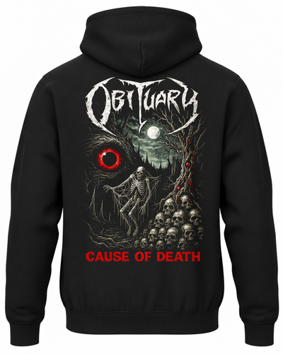 Czarna bluza z kapturem z napisem Obituary Cause of Death, szkieletem, stosem czaszek i czerwonym okiem na plecach