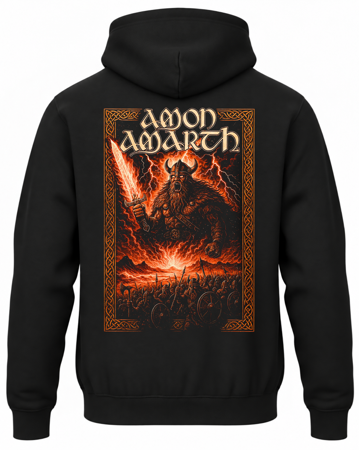 Czarna bluza z kapturem z napisem Amon Amarth i wojownikiem z płonącym mieczem nad armią na plecach