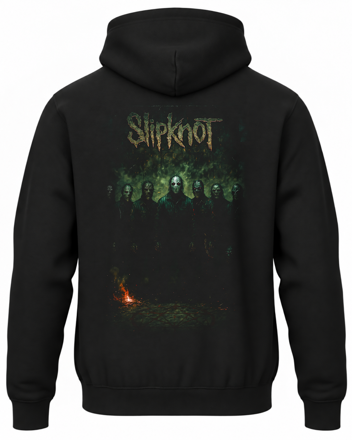 Czarna bluza z kapturem z zielonym portretem zespołu Slipknot w maskach na plecach