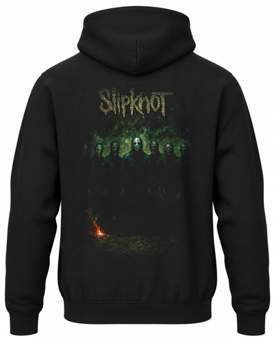 Czarna bluza z kapturem z zielonym portretem zespołu Slipknot w maskach na plecach