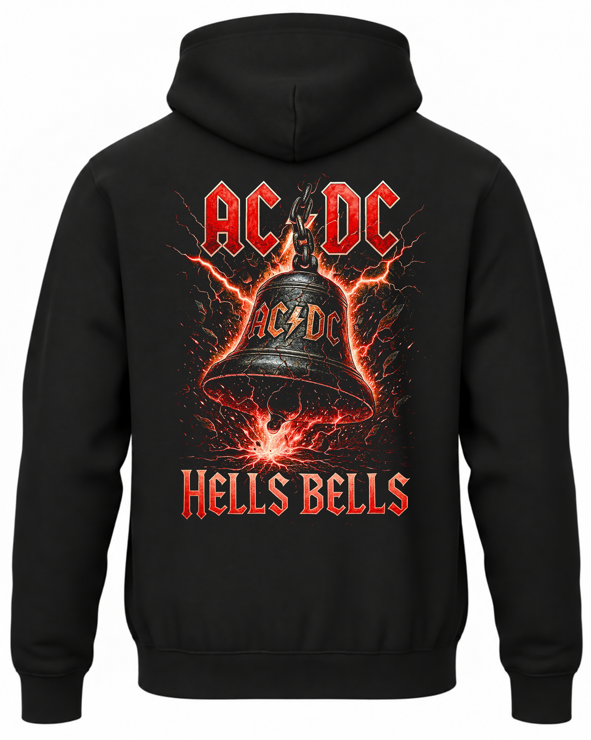 Czarna bluza z kapturem z napisem AC/DC Hells Bells, dzwonem i czerwonymi błyskawicami na plecach