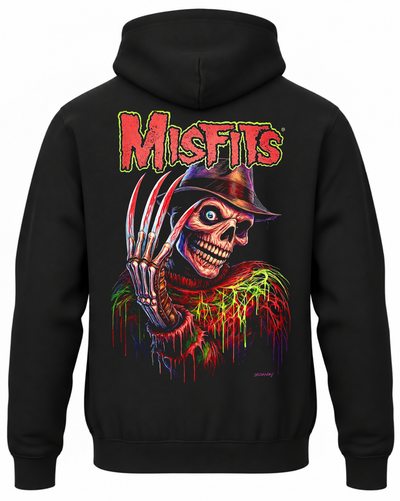Czarna bluza z kapturem z napisem Misfits, kolorowym szkieletem w kapeluszu i rękawicą z ostrzami na plecach
