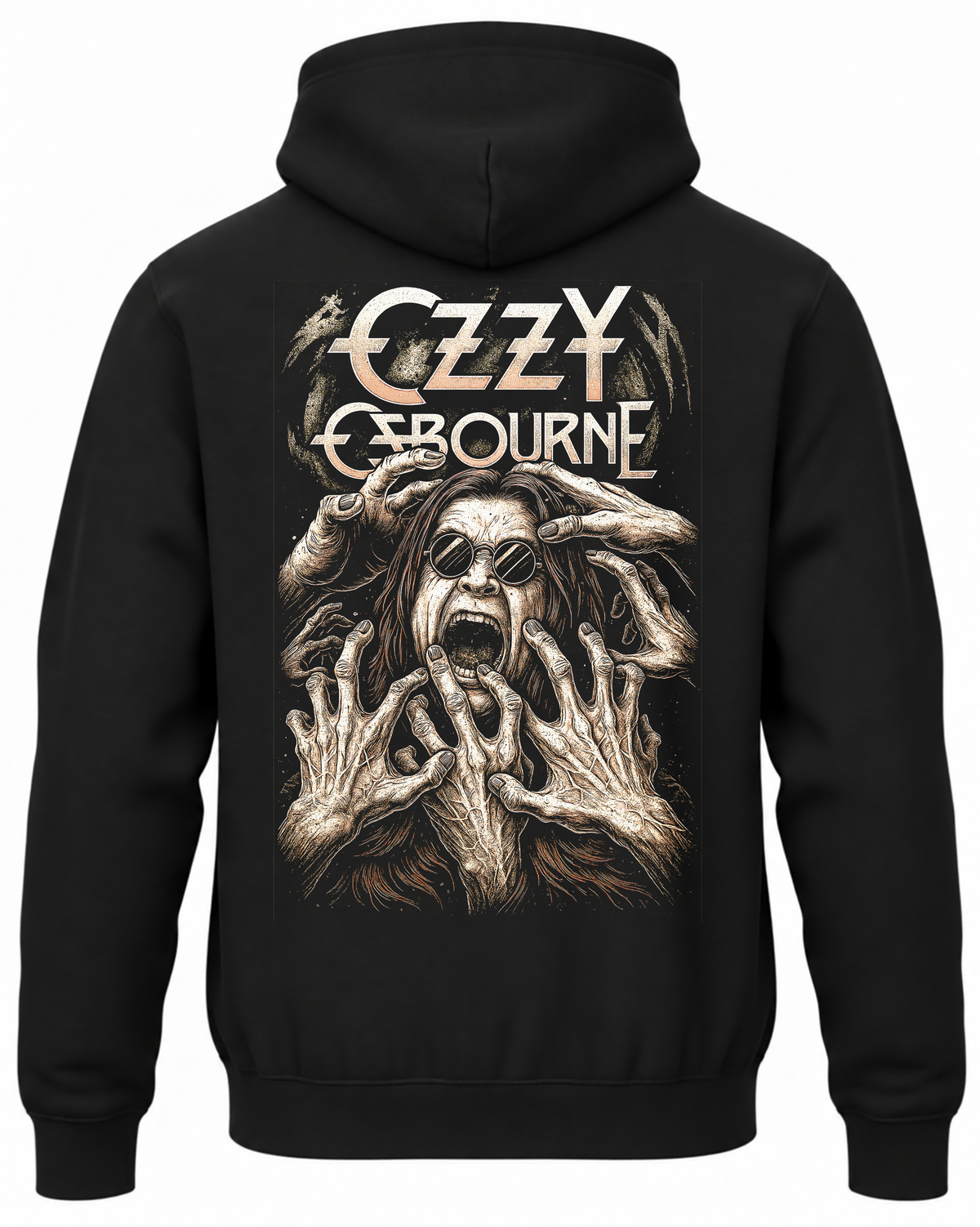 Czarna bluza z kapturem z napisem Ozzy Osbourne i monochromatycznym krzyczącym portretem otoczonym dłońmi na plecach