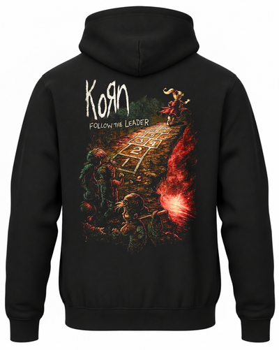 Czarna bluza z kapturem z napisem Korn Follow the Leader, grą w klasy na skale i czerwonymi akcentami na plecach