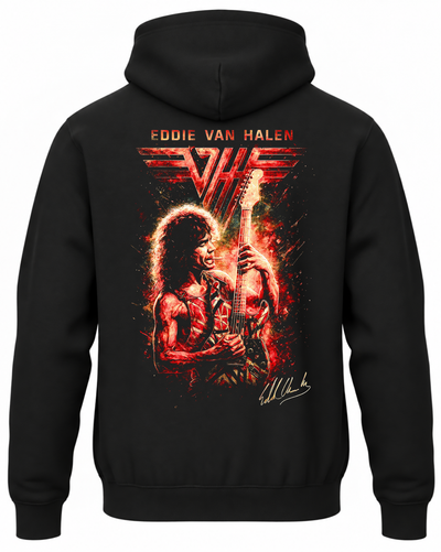 Czarna bluza z kapturem z napisem Eddie Van Halen, logo VH i gitarzystą w czerwonej kolorystyce na plecach
