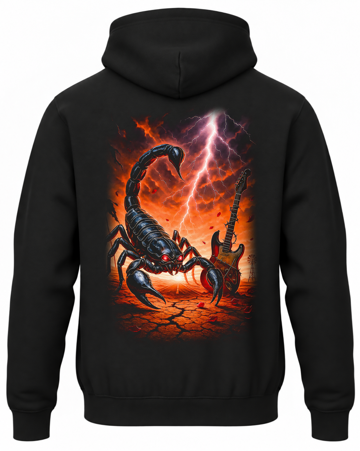 Czarna bluza z kapturem z motywem Scorpions, skorpionem, gitarą i piorunem na plecach