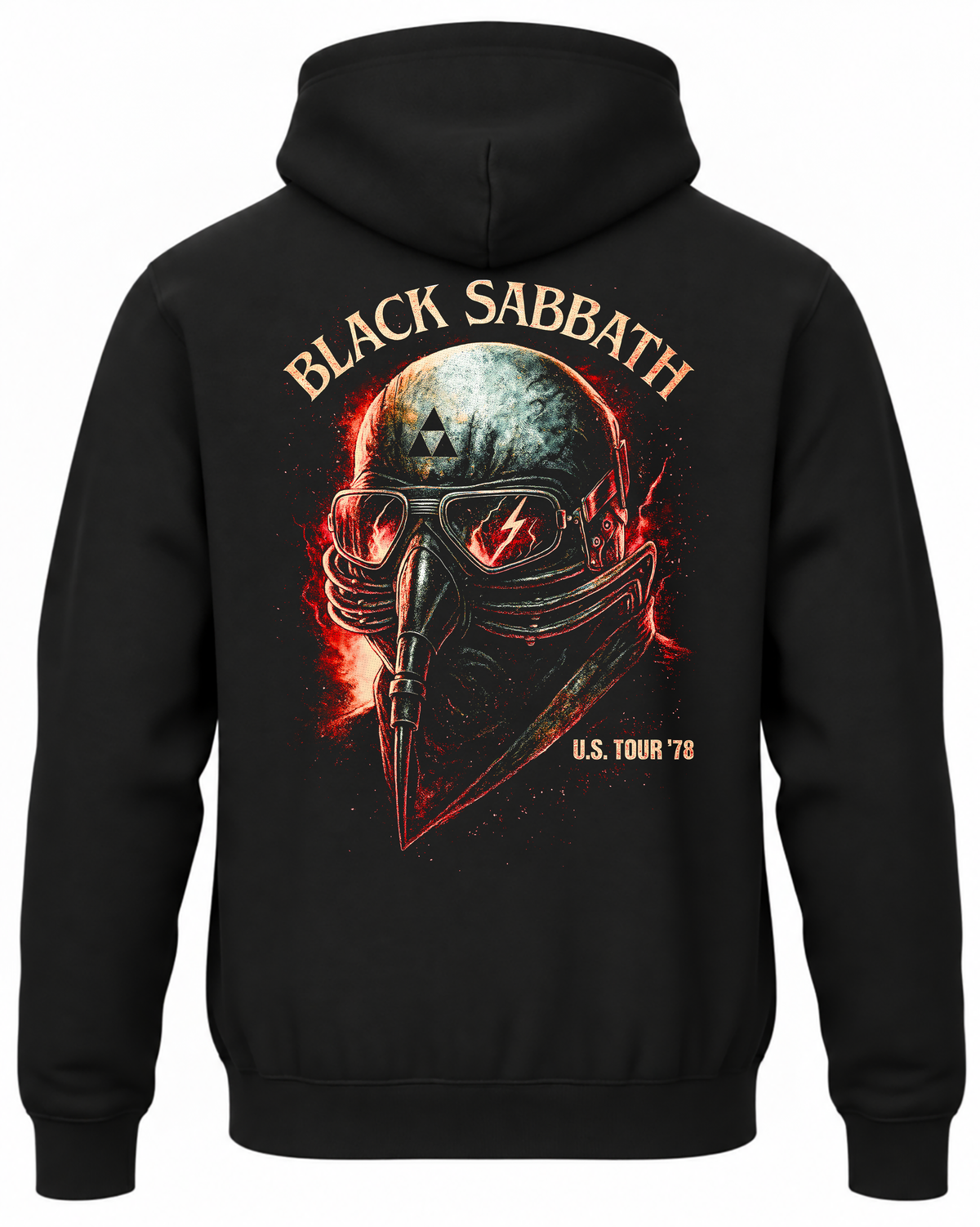 Czarna bluza z kapturem z napisem Black Sabbath U.S. Tour 78 oraz hełmem, goglami i maską na czerwonym tle na plecach