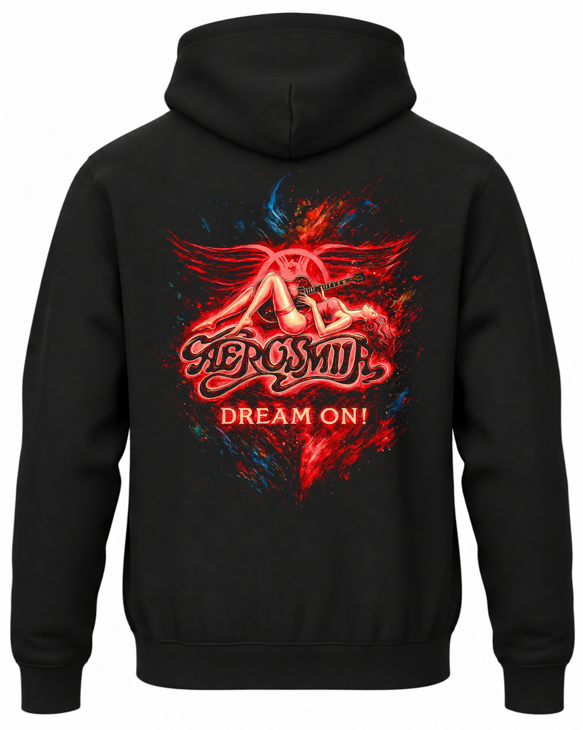 Czarna bluza z kapturem z czerwonym logo Aerosmith, skrzydłami i napisem Dream On na plecach