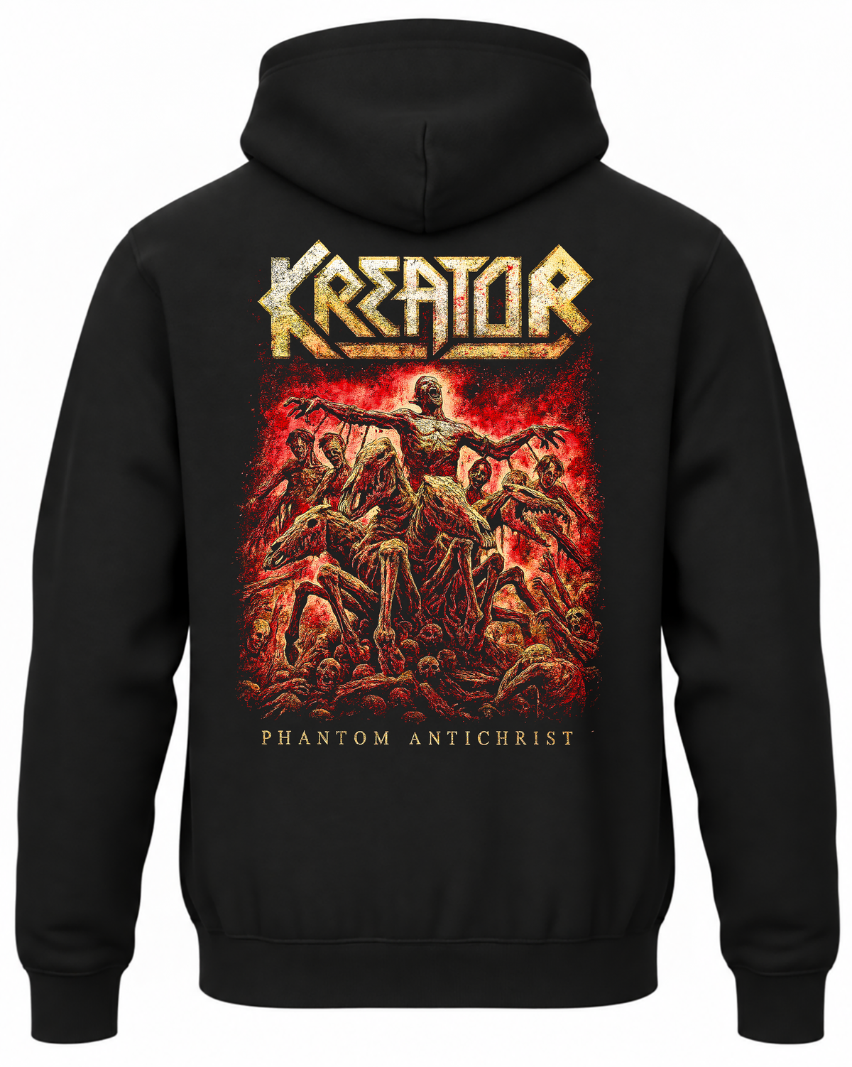 Czarna bluza z kapturem z napisem Kreator Phantom Antichrist i szkieletem wśród postaci na czerwonym tle na plecach