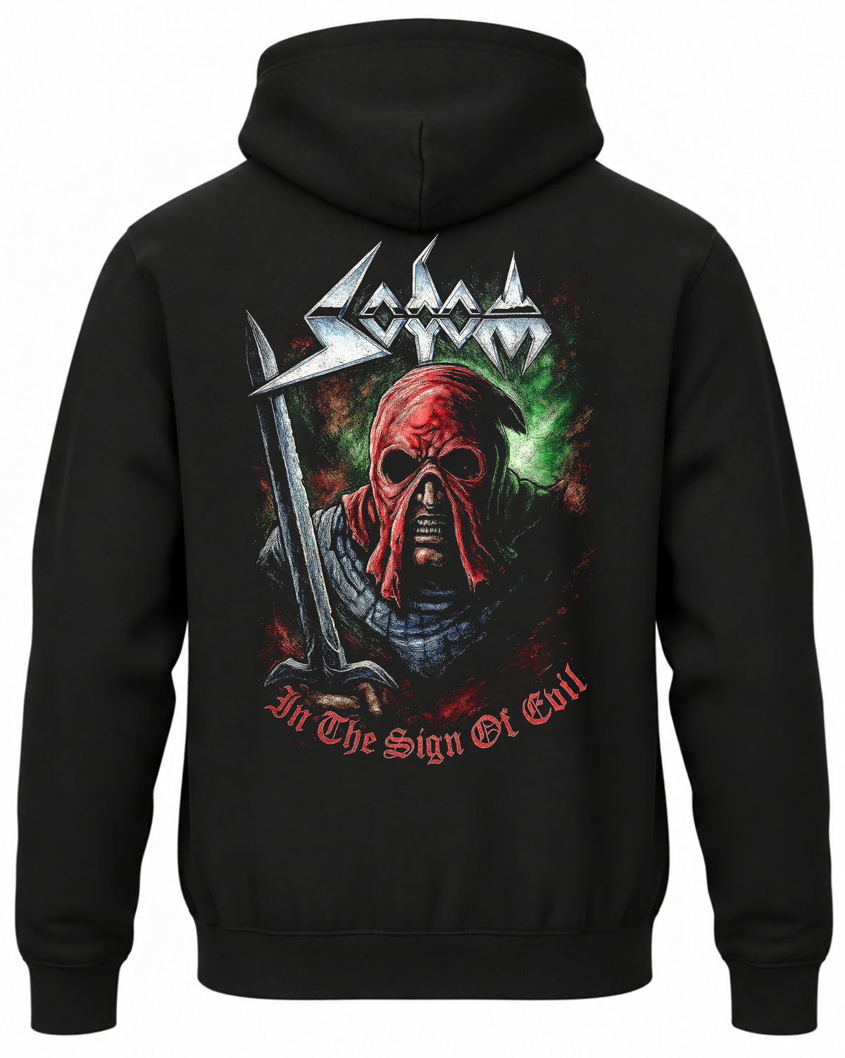Czarna bluza z kapturem Sodom In the Sign of Evil z nadrukiem postaci w czerwonej masce na plecach