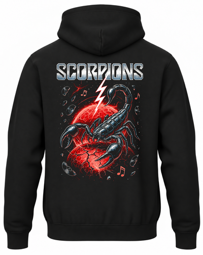 Czarna bluza z kapturem z napisem Scorpions, skorpionem na czerwonym tle i nutami na plecach