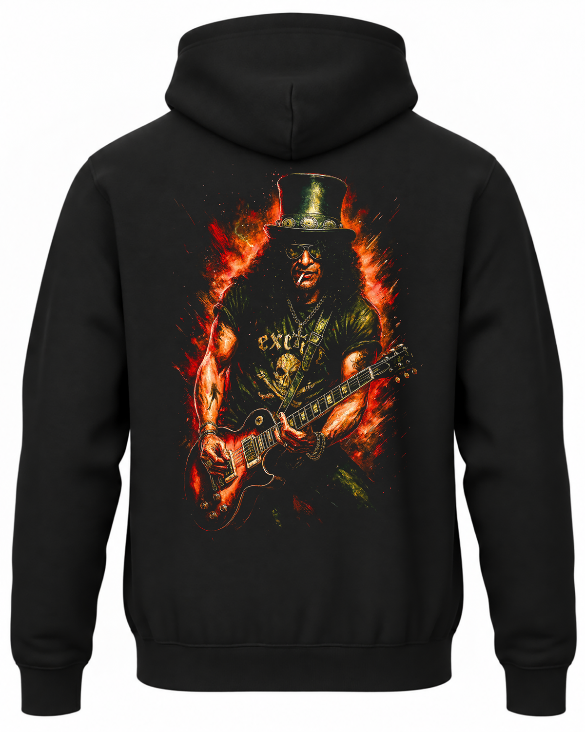 Czarna bluza z kapturem Slash z gitarą w cylindrze na tle płomieni, nadruk na plecach