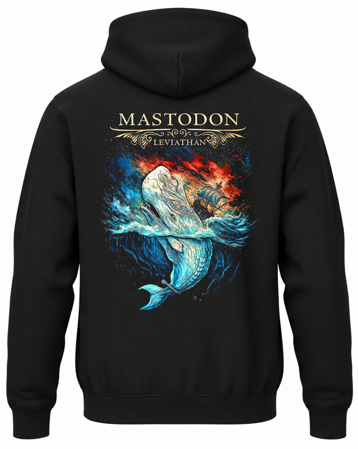 Czarna bluza z kapturem Mastodon Leviathan z nadrukiem białego wieloryba w morskich falach na plecach