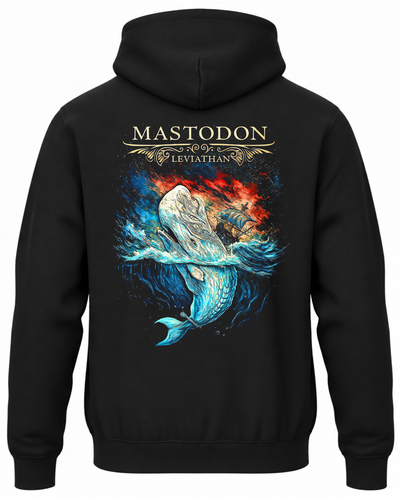 Czarna bluza z kapturem Mastodon Leviathan z nadrukiem białego wieloryba w morskich falach na plecach