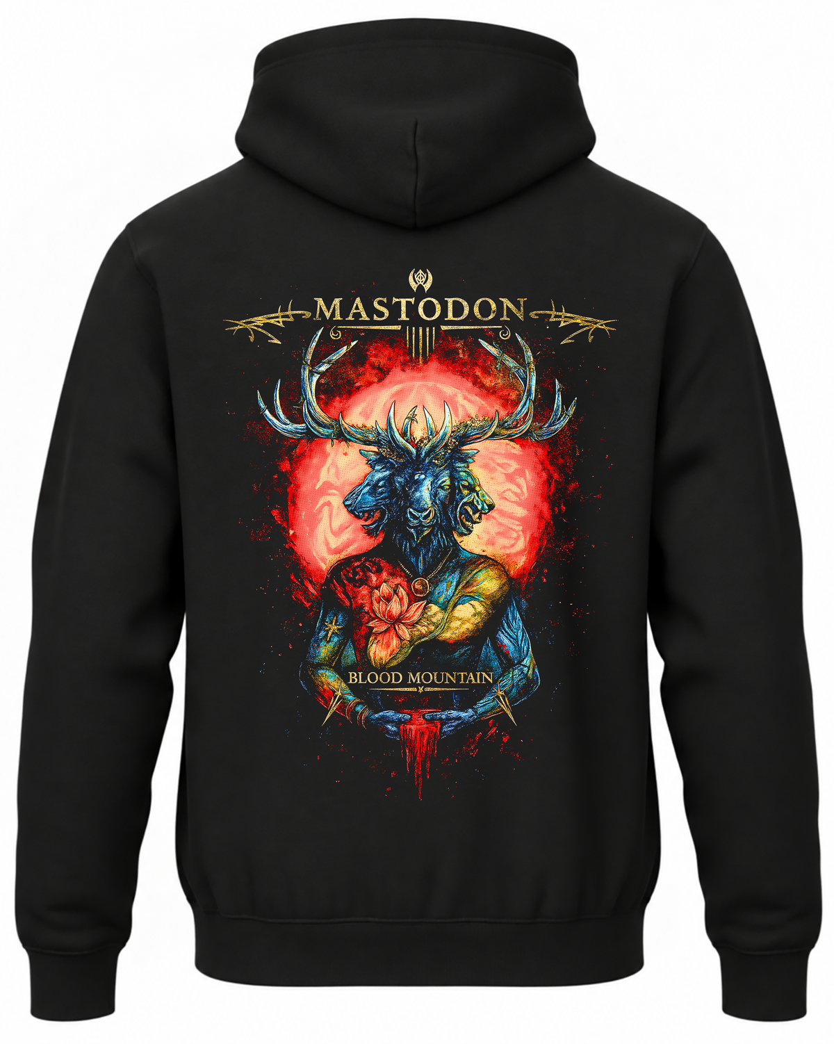 Czarna bluza z kapturem Mastodon Blood Mountain z nadrukiem rogatego stworzenia na czerwonym tle na plecach