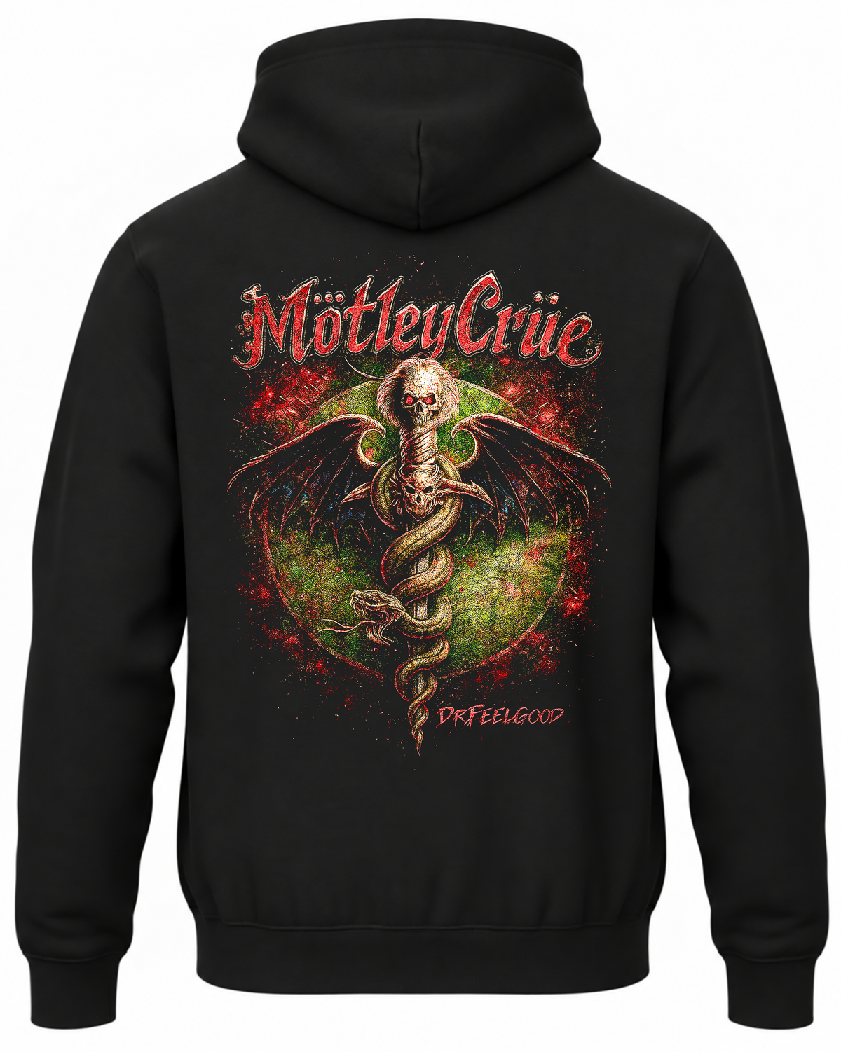Czarna bluza z kapturem Mötley Crüe Dr. Feelgood z nadrukiem czaszki, skrzydeł i węża na plecach