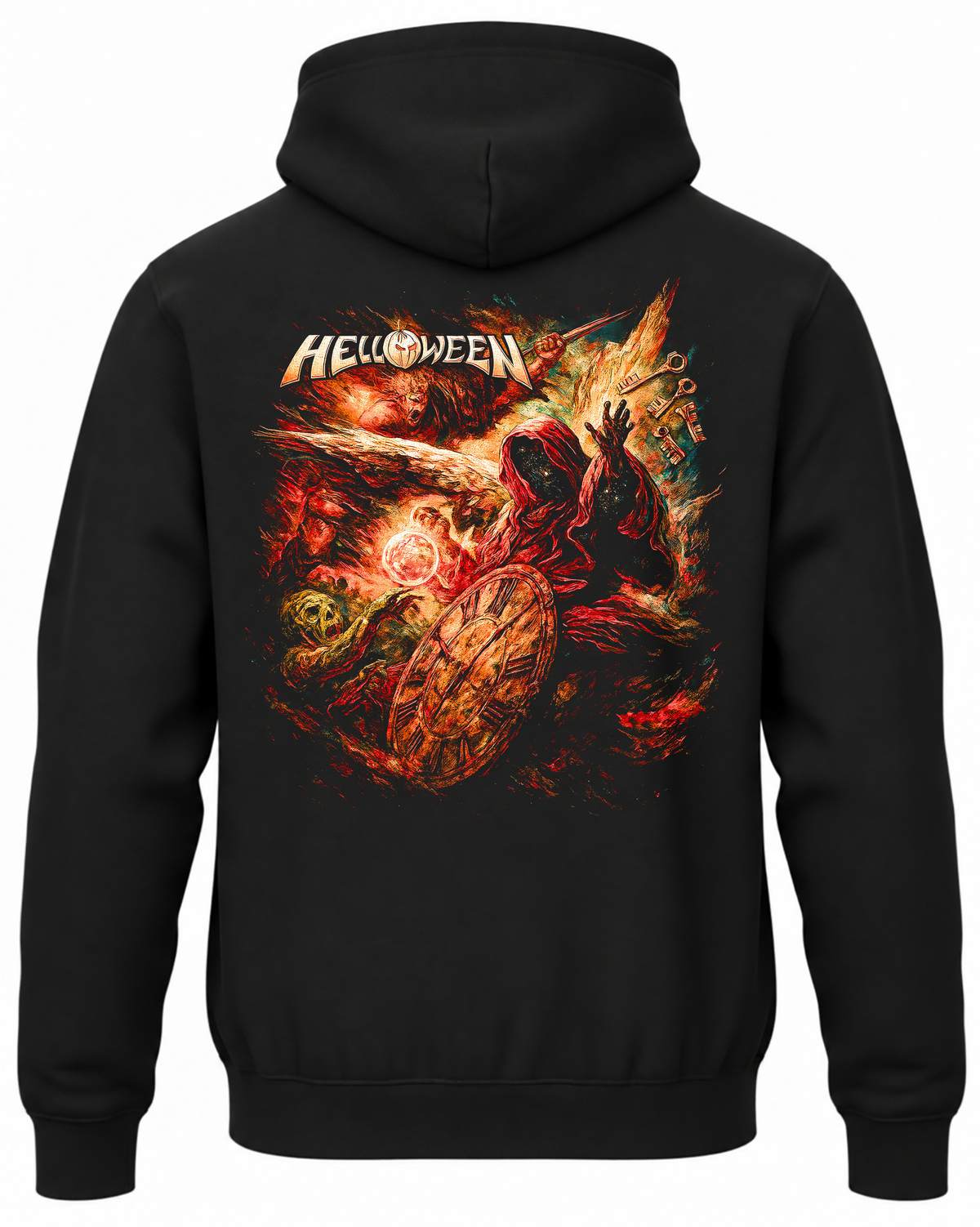 Czarna bluza z kapturem Helloween z nadrukiem zakapturzonej postaci i magicznych kluczy na plecach