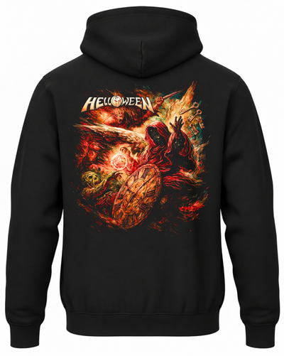 Czarna bluza z kapturem Helloween z nadrukiem zakapturzonej postaci i magicznych kluczy na plecach