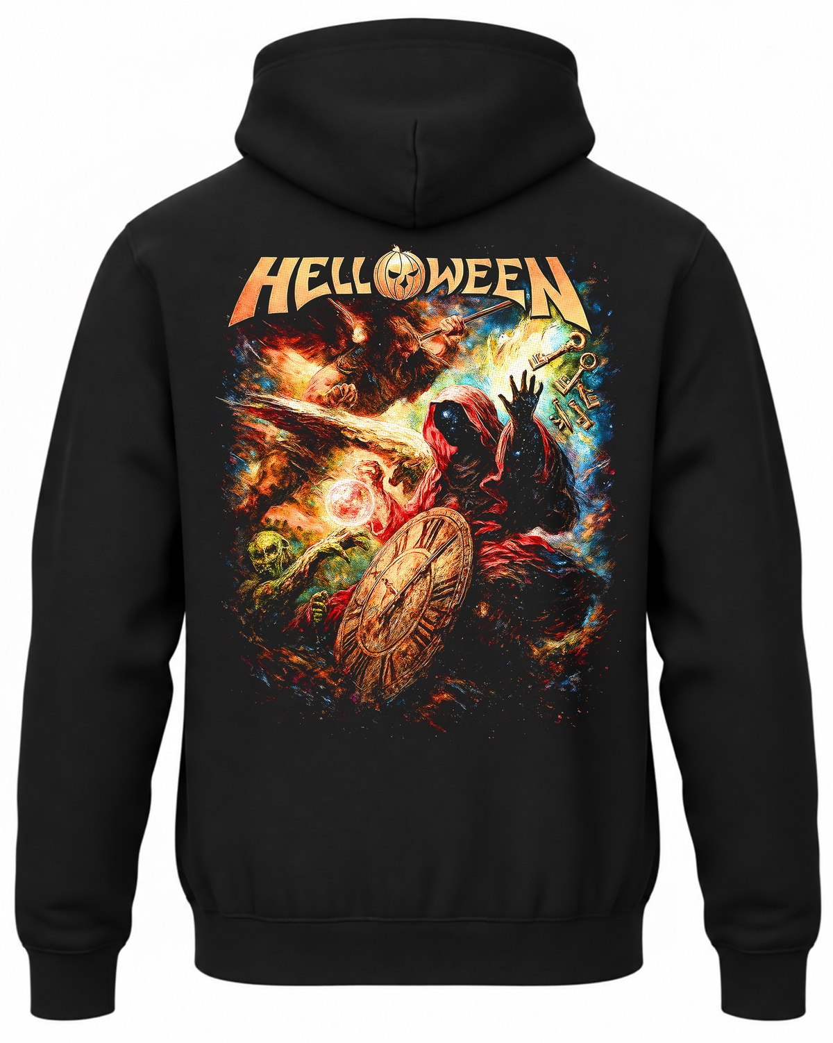Czarna bluza z kapturem Helloween Keeper of the Seven Keys z dużym kolorowym logo i zakapturzoną postacią na plecach