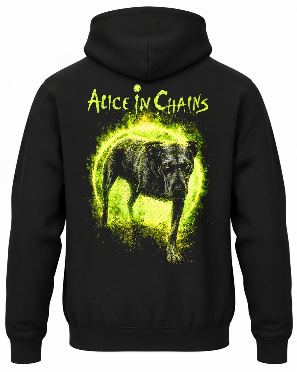 Czarna bluza z kapturem Alice in Chains z nadrukiem psa na jaskrawozielonym tle na plecach