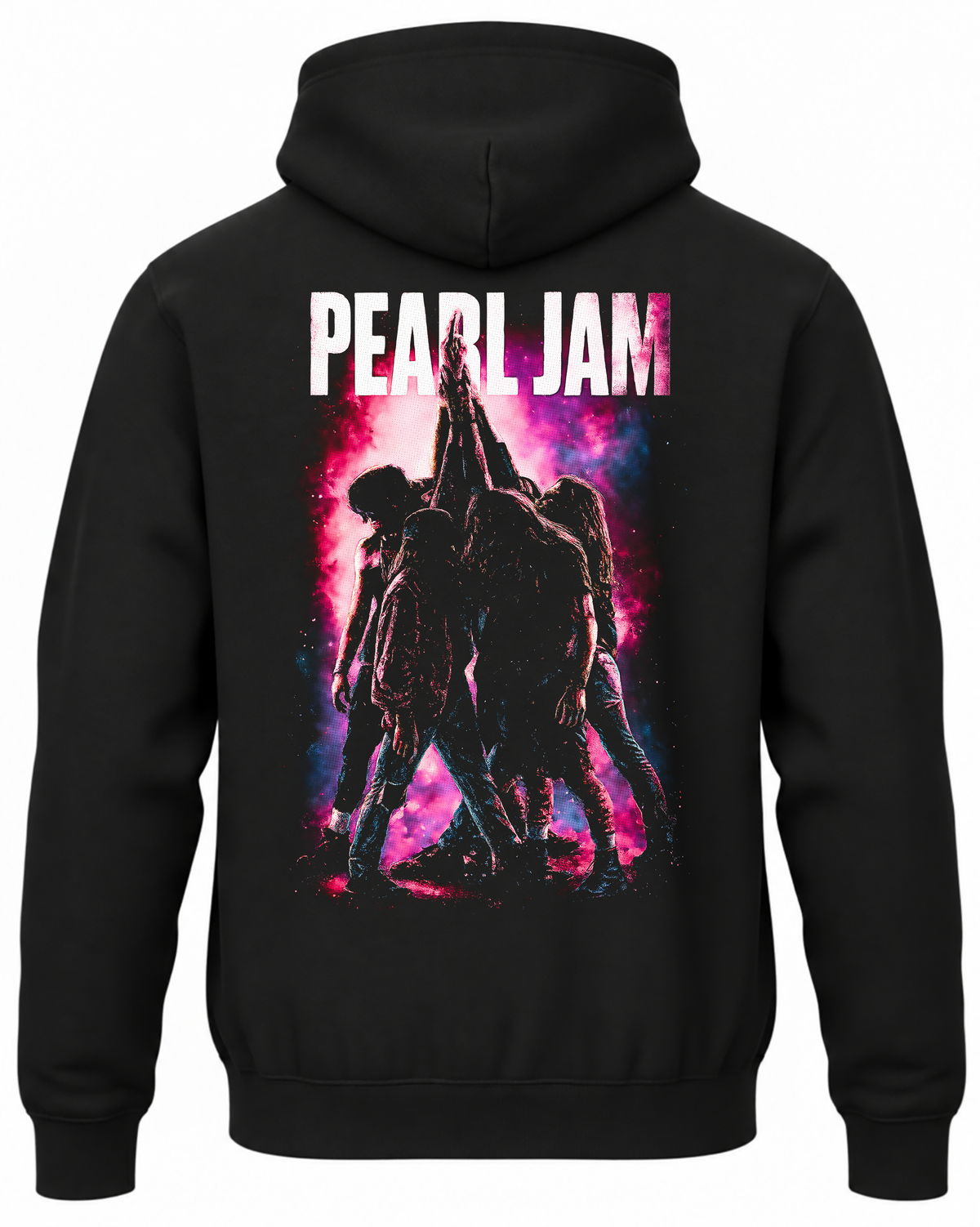 Czarna bluza z kapturem Pearl Jam Ten z nadrukiem zespołu unoszącego ręce na różowym tle na plecach