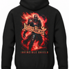 Czarna bluza z kapturem Judas Priest Invincible Shield z nadrukiem opancerzonej postaci w czerwonych płomieniach na plecach