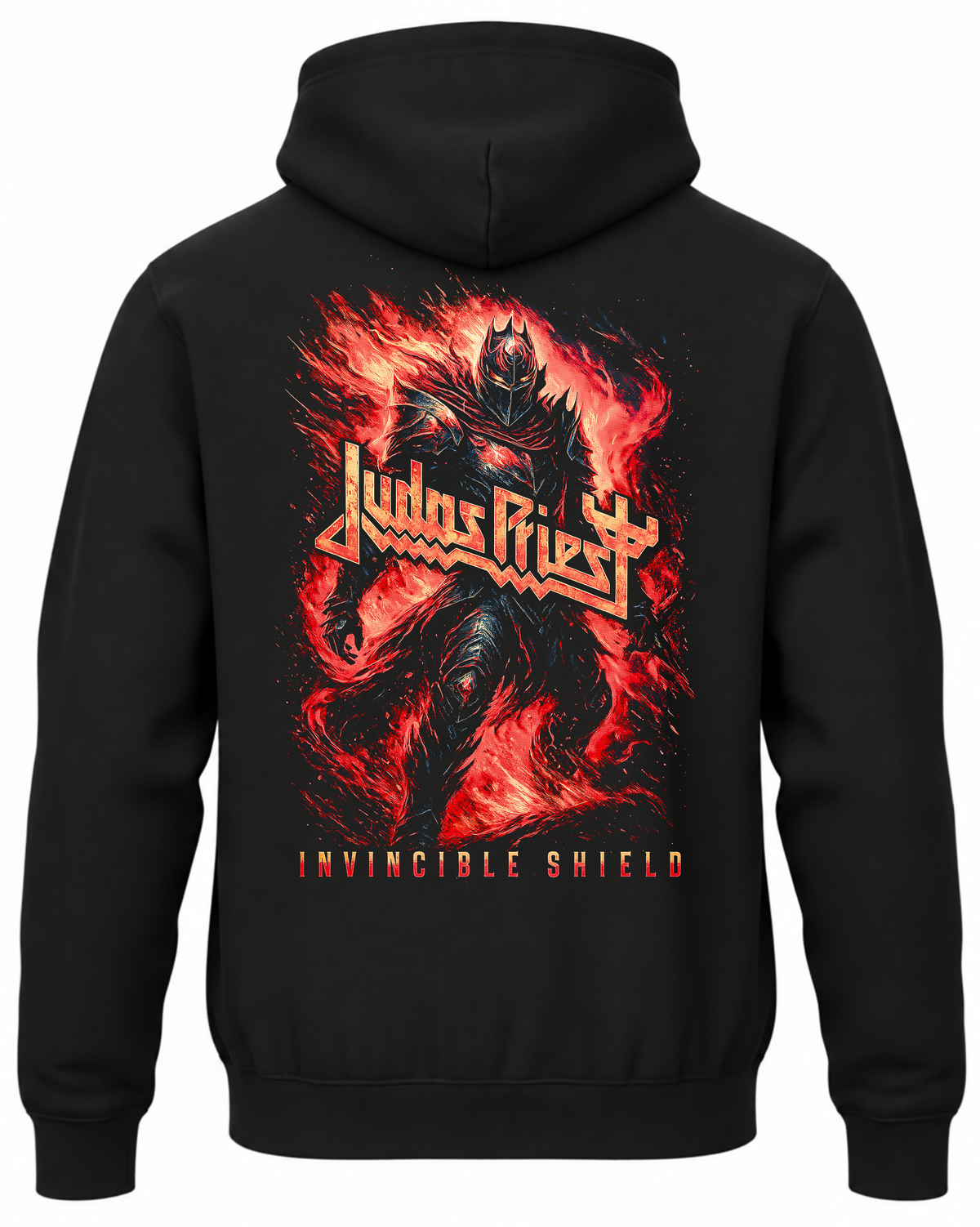 Czarna bluza z kapturem Judas Priest Invincible Shield z nadrukiem opancerzonej postaci w czerwonych płomieniach na plecach