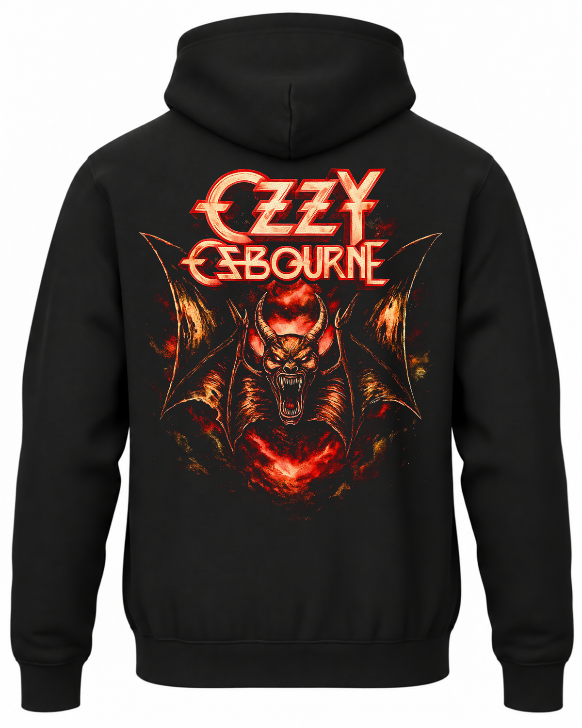 Czarna bluza z kapturem Ozzy Osbourne z nadrukiem skrzydlatego demona w czerwonych płomieniach na plecach