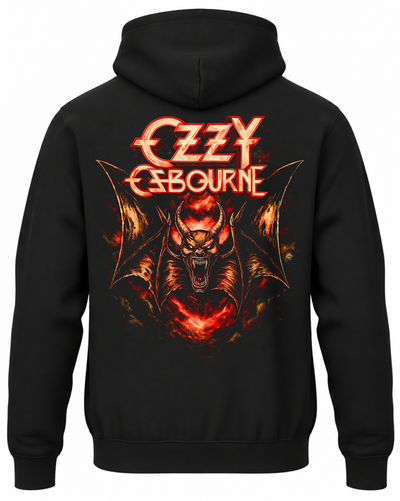 Czarna bluza z kapturem Ozzy Osbourne z nadrukiem skrzydlatego demona w czerwonych płomieniach na plecach