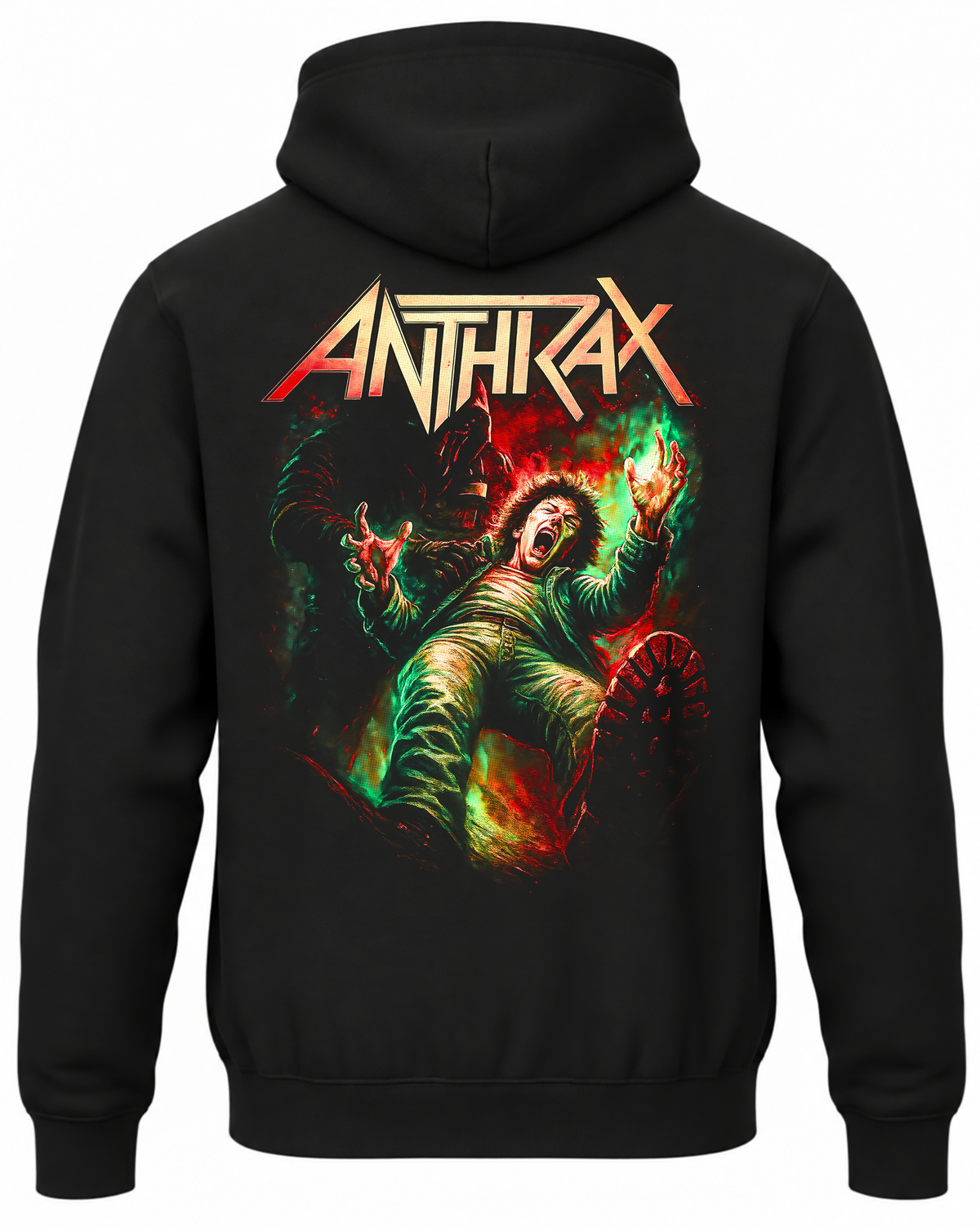 Czarna bluza z kapturem Anthrax z nadrukiem krzyczącej postaci na zielono-czerwonym tle na plecach