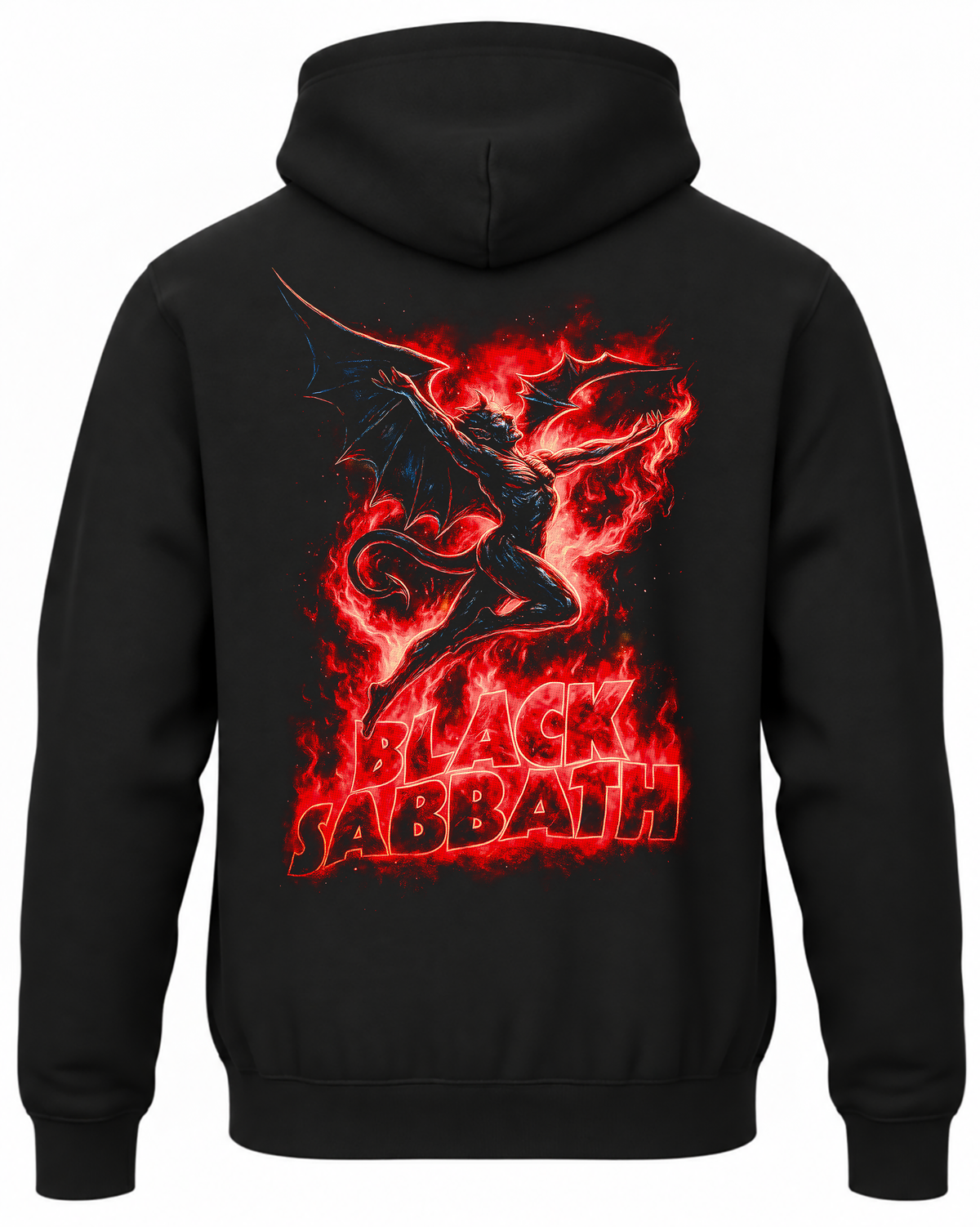 Czarna bluza z kapturem Black Sabbath z nadrukiem skrzydlatego demona i czerwonych płomieni na plecach