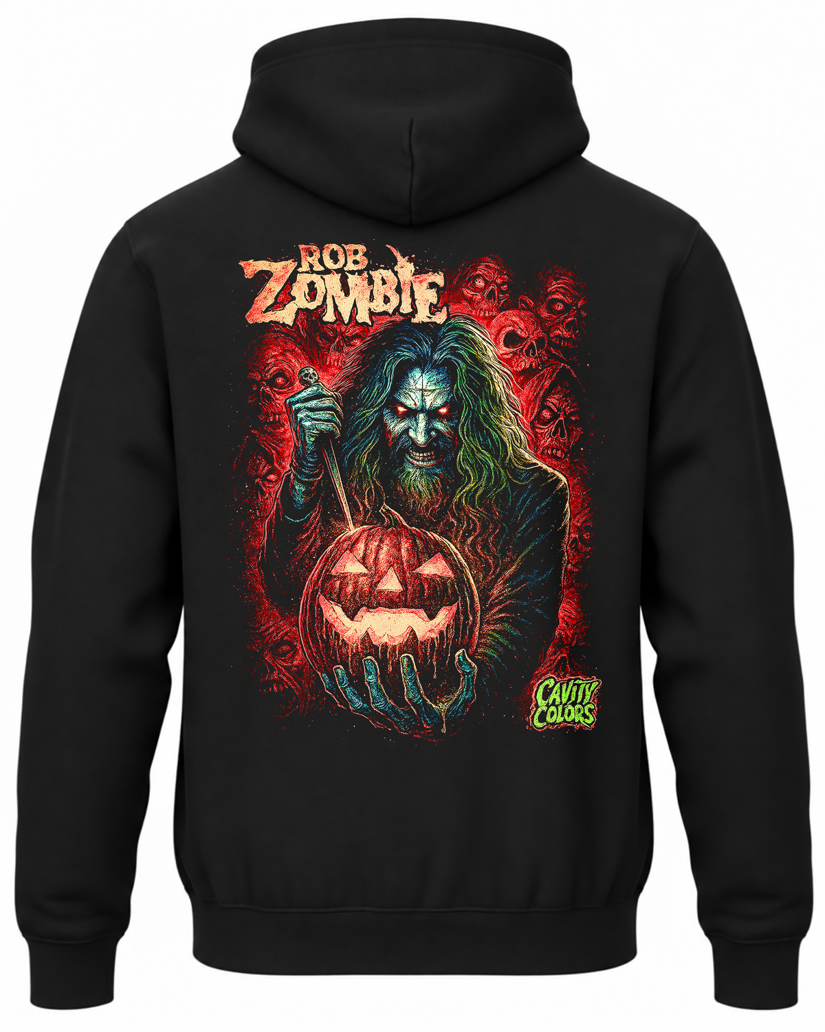 Czarna bluza z kapturem z nadrukiem Rob Zombie, z czaszką i dynią na plecach