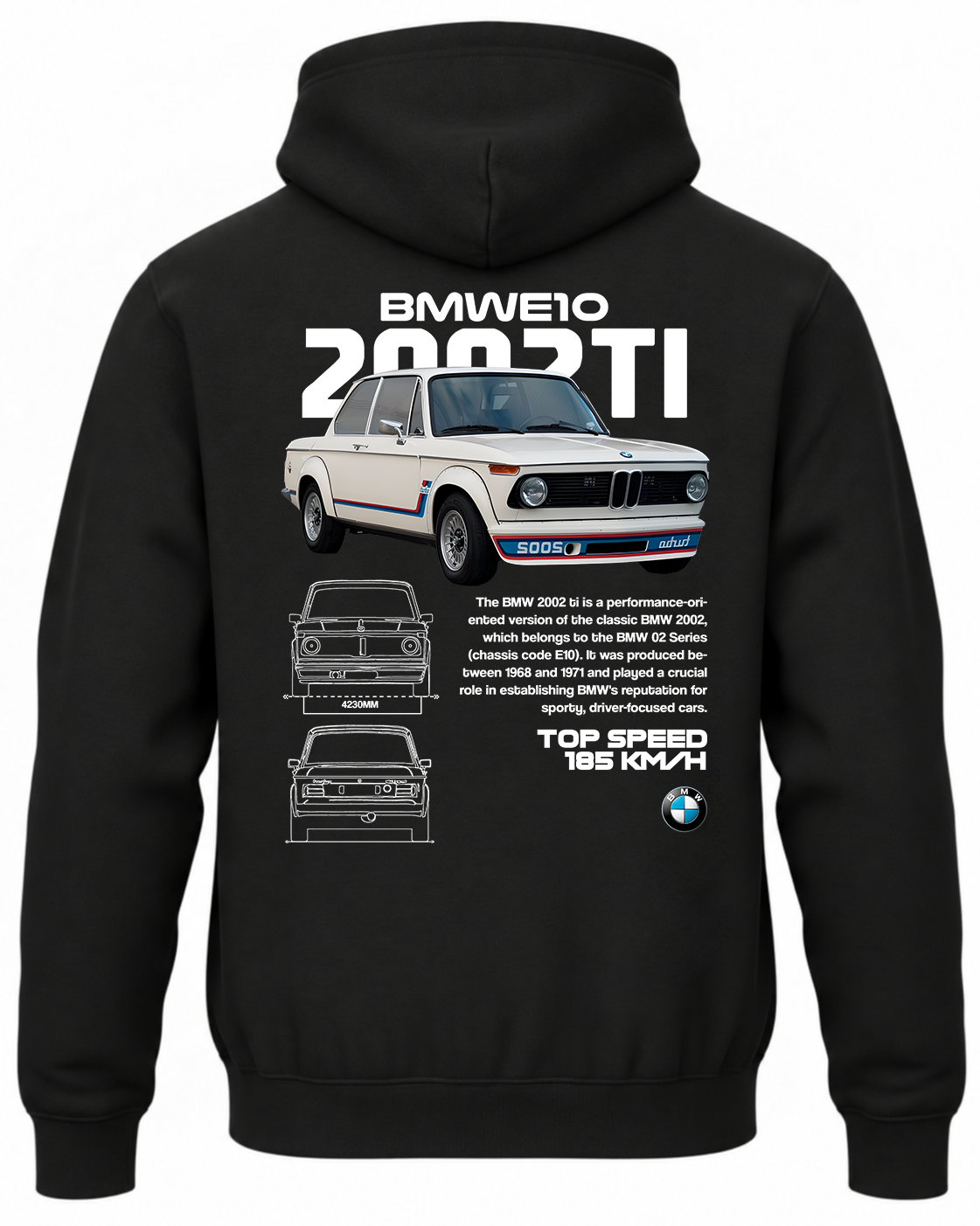 Czarna bluza z kapturem z nadrukiem samochodu BMW 2002 TII