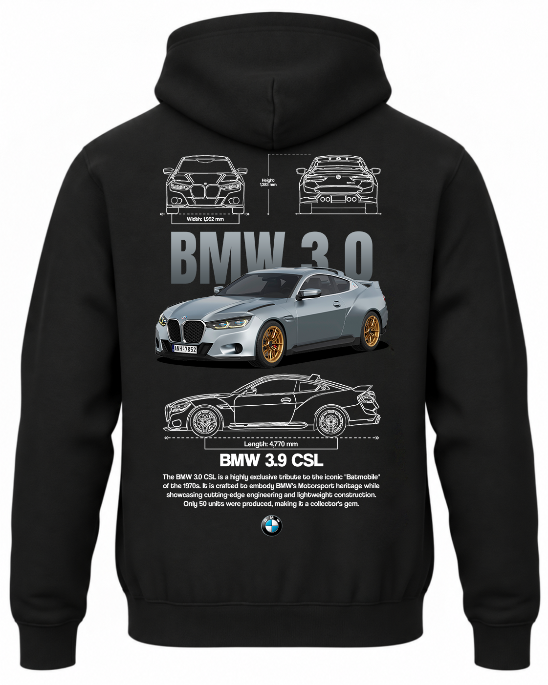 Czarna bluza z kapturem z nadrukiem samochodu BMW 3.0 CSL
