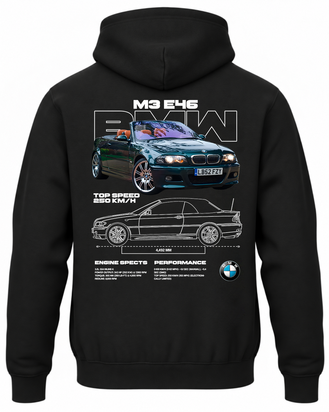 Czarna bluza z kapturem z nadrukiem samochodu BMW M3 E46
