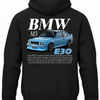 Czarna bluza z kapturem z nadrukiem samochodu BMW M3 E30
