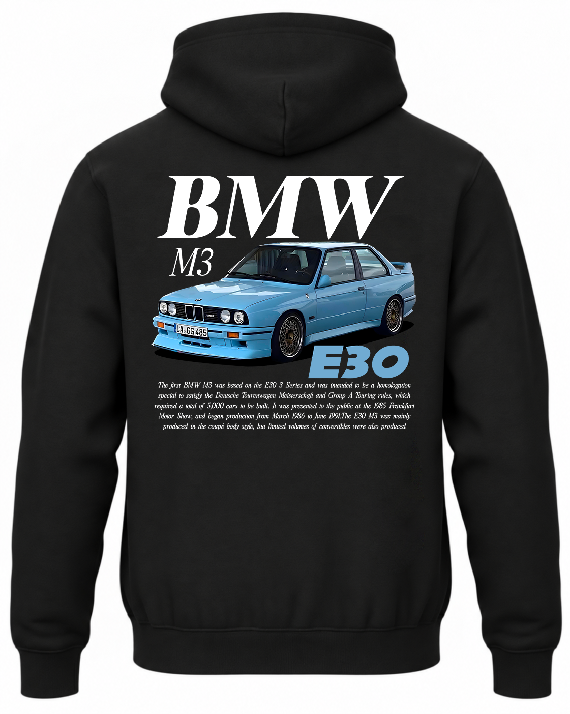 Czarna bluza z kapturem z nadrukiem samochodu BMW M3 E30