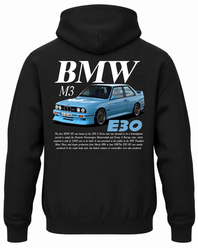 Czarna bluza z kapturem z nadrukiem samochodu BMW M3 E30