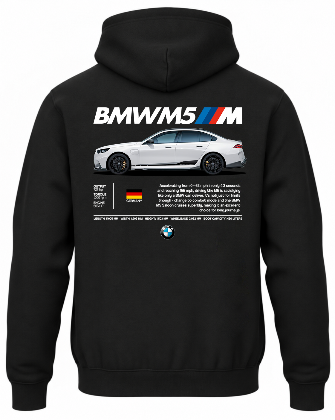 Czarna bluza z kapturem z nadrukiem samochodu BMW M5