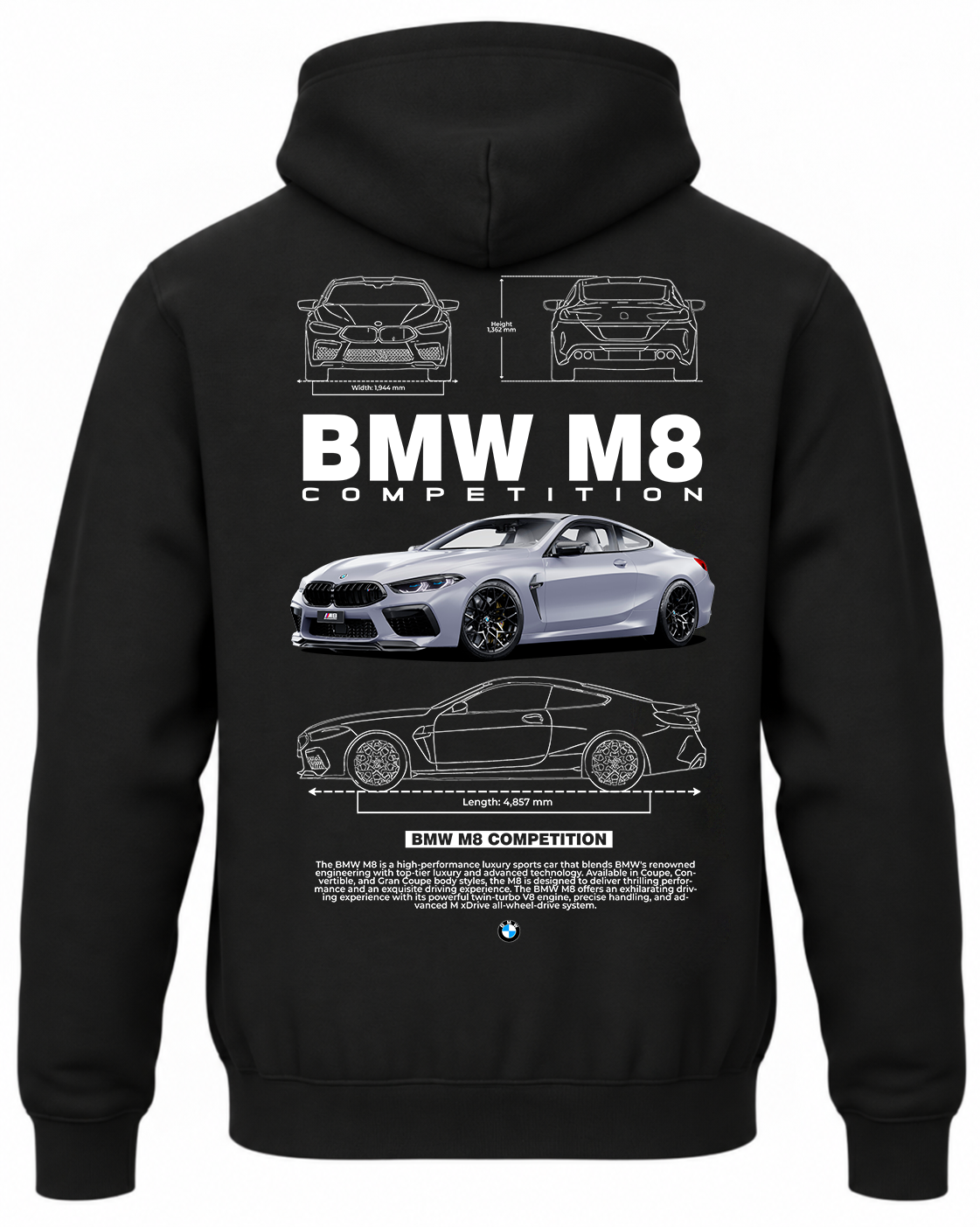 Czarna bluza z kapturem z nadrukiem samochodu BMW M8