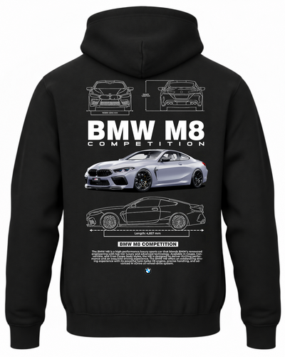 Czarna bluza z kapturem z nadrukiem samochodu BMW M8