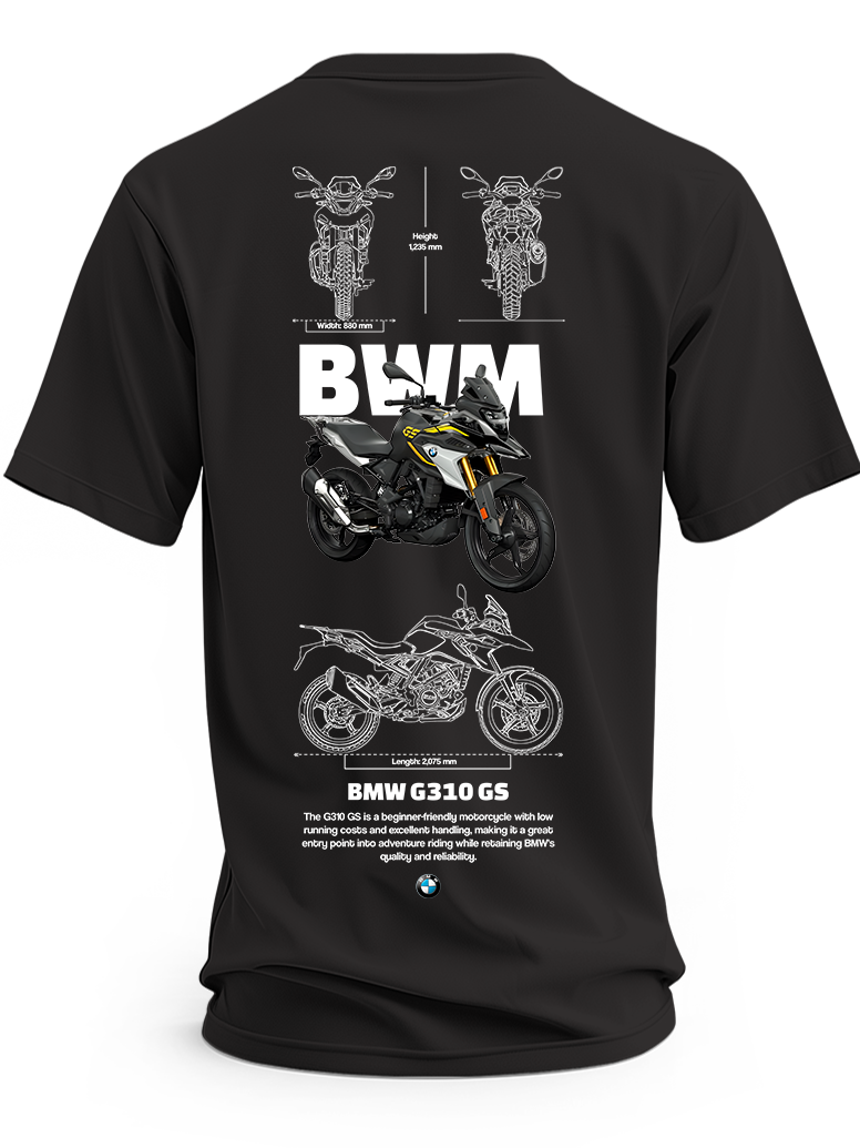 Czarna koszulka z motocyklem BMW G310 GS w czarno-żółtej kolorystyce i rysunkami technicznymi