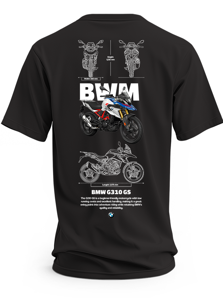 Czarna koszulka z biało-niebiesko-czerwonym motocyklem BMW G310 GS i rysunkami technicznymi