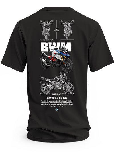 Czarna koszulka z biało-niebiesko-czerwonym motocyklem BMW G310 GS i rysunkami technicznymi
