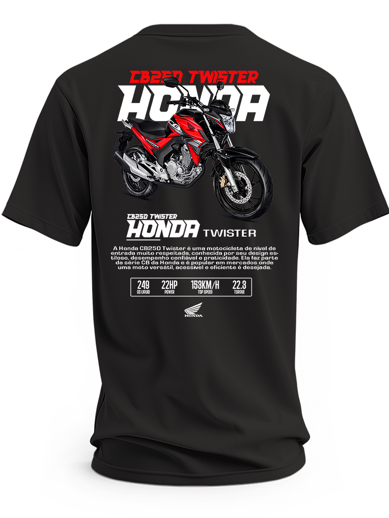 Czarna koszulka z czerwono-czarnym motocyklem Honda CB250 Twister i napisami Honda
