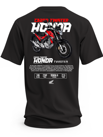 Czarna koszulka z czerwono-czarnym motocyklem Honda CB250 Twister i napisami Honda