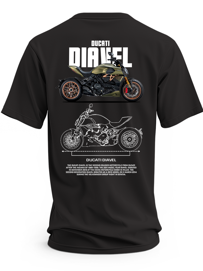 Czarna koszulka z oliwkowo-czarnym motocyklem Ducati Diavel, dużym napisem Diavel i rysunkiem technicznym
