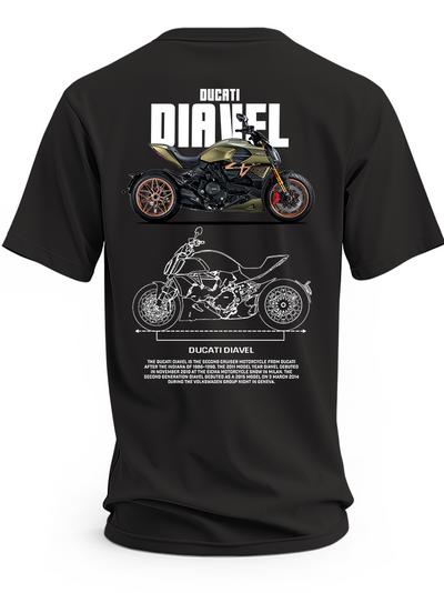 Czarna koszulka z oliwkowo-czarnym motocyklem Ducati Diavel, dużym napisem Diavel i rysunkiem technicznym