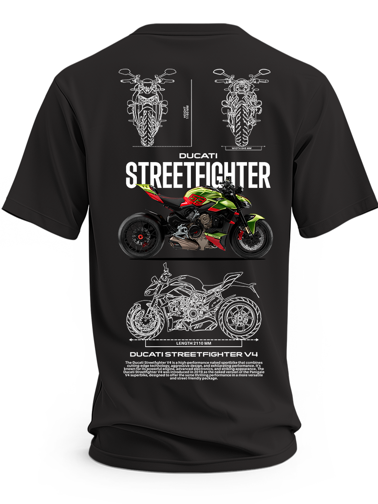 Czarna koszulka z zielono-czerwonym motocyklem Ducati Streetfighter V4, napisem Streetfighter i rysunkami technicznymi